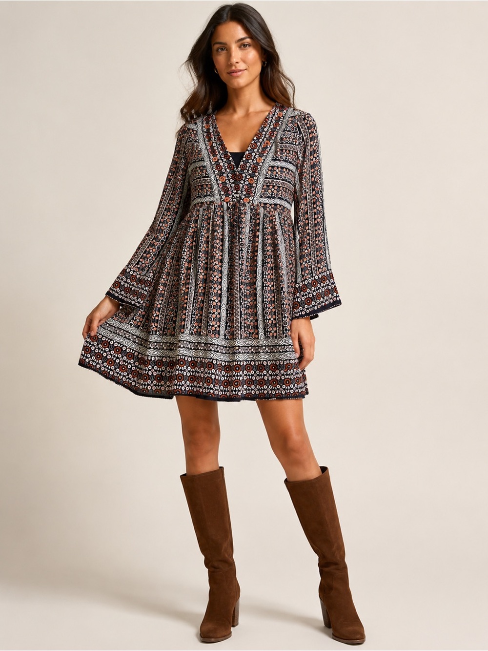 Maeve Boho Floral Babydoll Tunic Dress Cottagecore Black Flowy PeasantXS